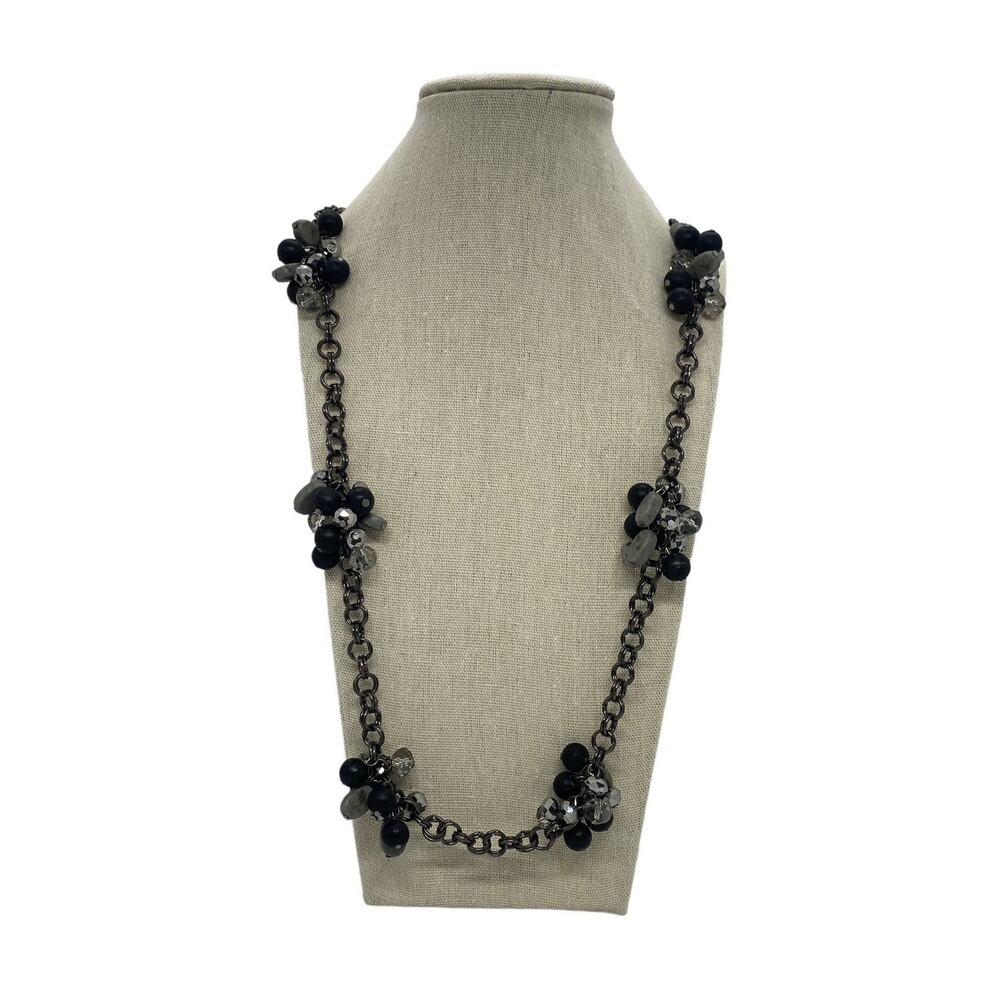Fashion St. Emerald 36" Necklace Black Chain Faceted Black Silver Cluster Beads